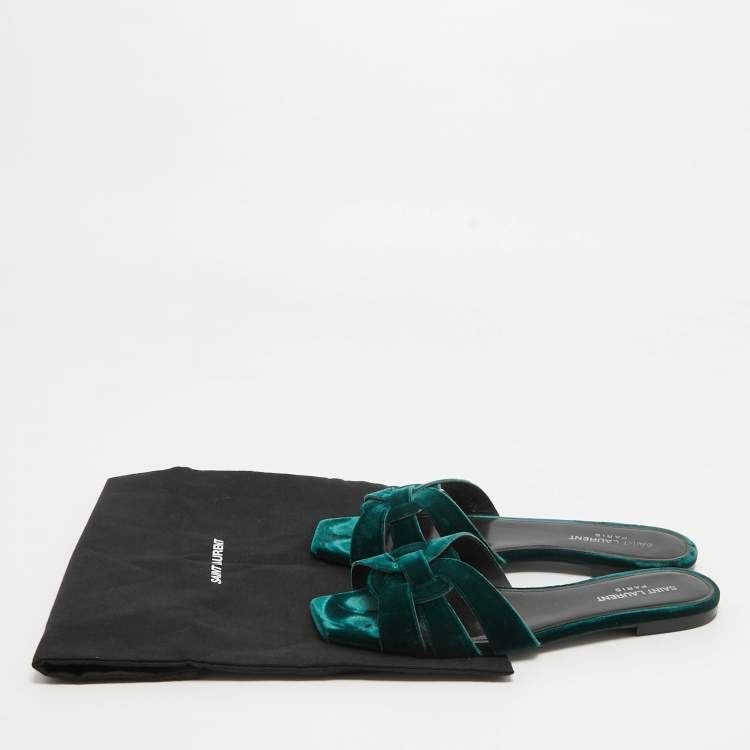 Pre Owned Yves Saint Laurent Green Velvet Tribute Flat Slides Size 38.5