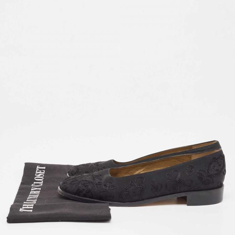 Pre Owned Yves Saint Laurent Black Embroidered Fabric Ballet Flats Size 38.5