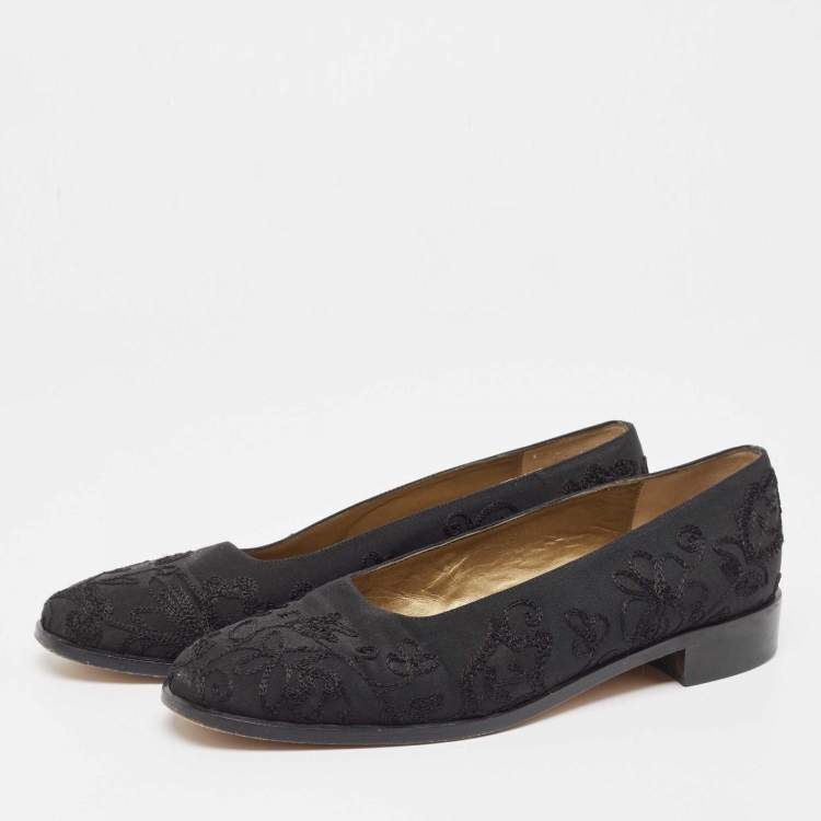 Pre Owned Yves Saint Laurent Black Embroidered Fabric Ballet Flats Size 38.5