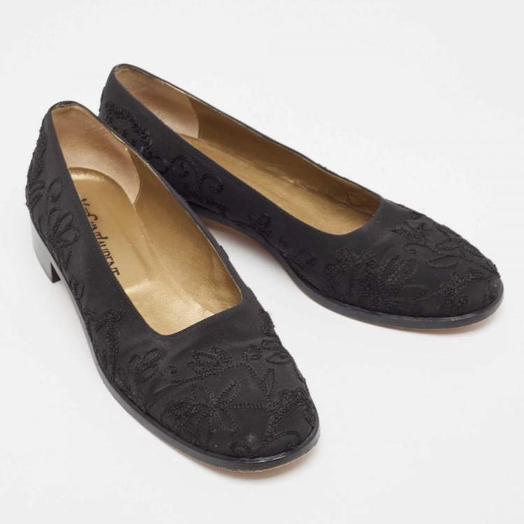 Pre Owned Yves Saint Laurent Black Embroidered Fabric Ballet Flats Size 38.5