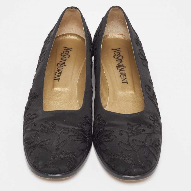 Pre Owned Yves Saint Laurent Black Embroidered Fabric Ballet Flats Size 38.5