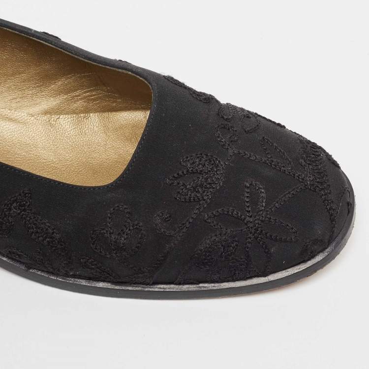 Pre Owned Yves Saint Laurent Black Embroidered Fabric Ballet Flats Size 38.5