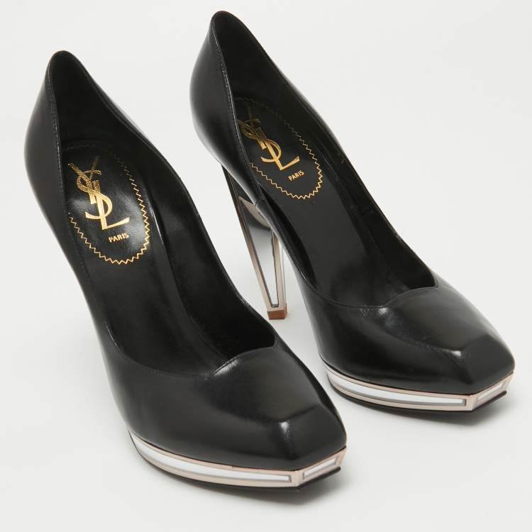 Pre Owned Yves Saint Laurent Black Leather Mirror Heel Platform Pumps Size 38.5