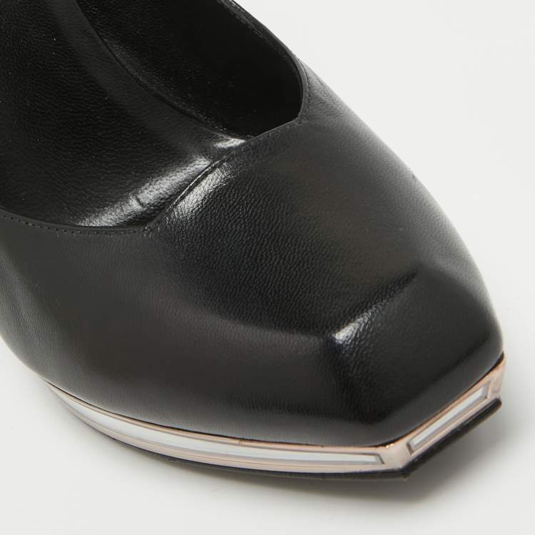 Pre Owned Yves Saint Laurent Black Leather Mirror Heel Platform Pumps Size 38.5
