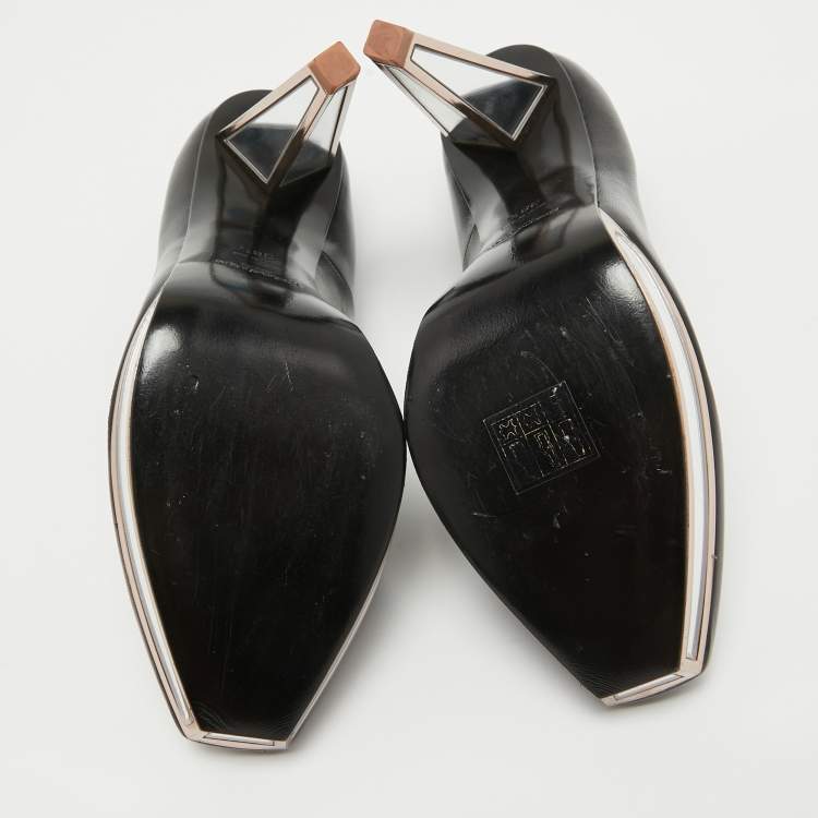 Pre Owned Yves Saint Laurent Black Leather Mirror Heel Platform Pumps Size 38.5