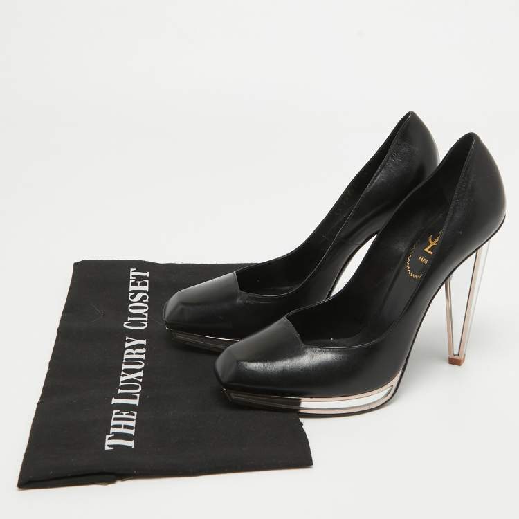 Pre Owned Yves Saint Laurent Black Leather Mirror Heel Platform Pumps Size 38.5