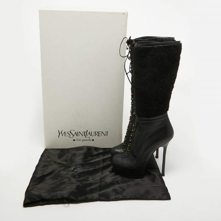 Pre Owned Yves Saint Laurent Black Leather and Wool Platform Mid Calf Boots Size 39.5