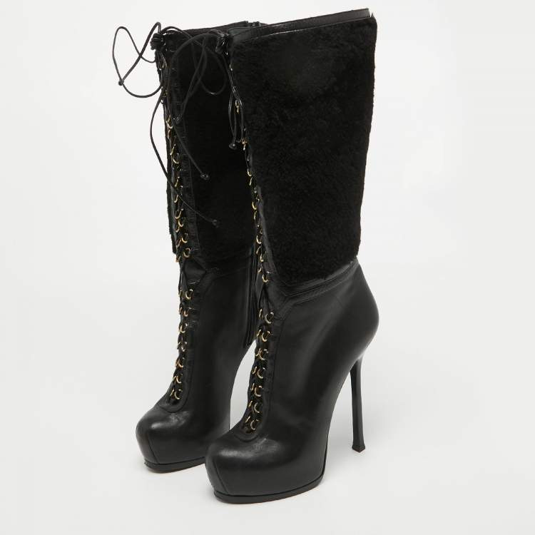 Pre Owned Yves Saint Laurent Black Leather and Wool Platform Mid Calf Boots Size 39.5
