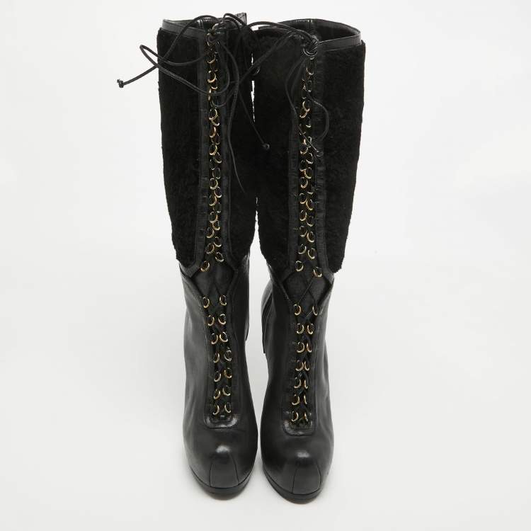 Pre Owned Yves Saint Laurent Black Leather and Wool Platform Mid Calf Boots Size 39.5