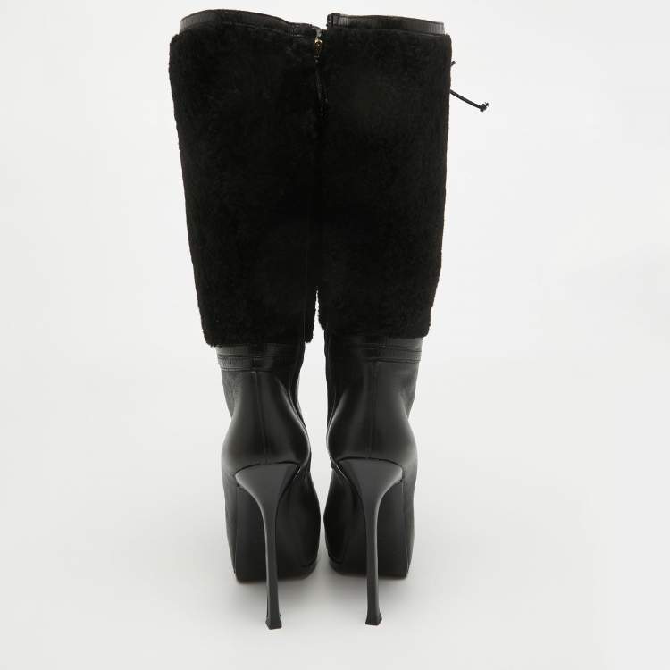Pre Owned Yves Saint Laurent Black Leather and Wool Platform Mid Calf Boots Size 39.5