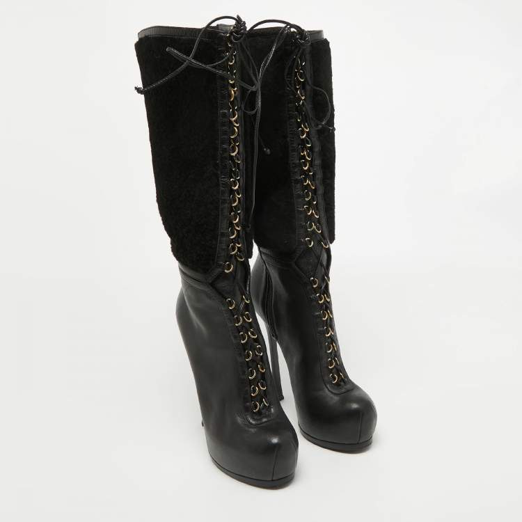 Pre Owned Yves Saint Laurent Black Leather and Wool Platform Mid Calf Boots Size 39.5