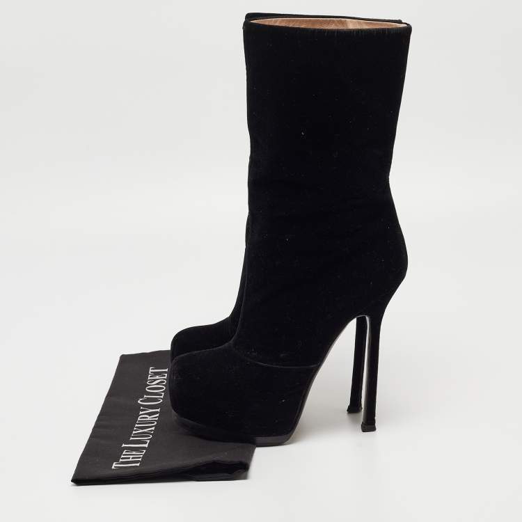 Pre Owned Yves Saint Laurent Black Velvet Ankle Boots Size 36