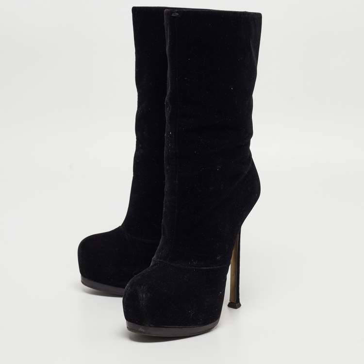 Pre Owned Yves Saint Laurent Black Velvet Ankle Boots Size 36