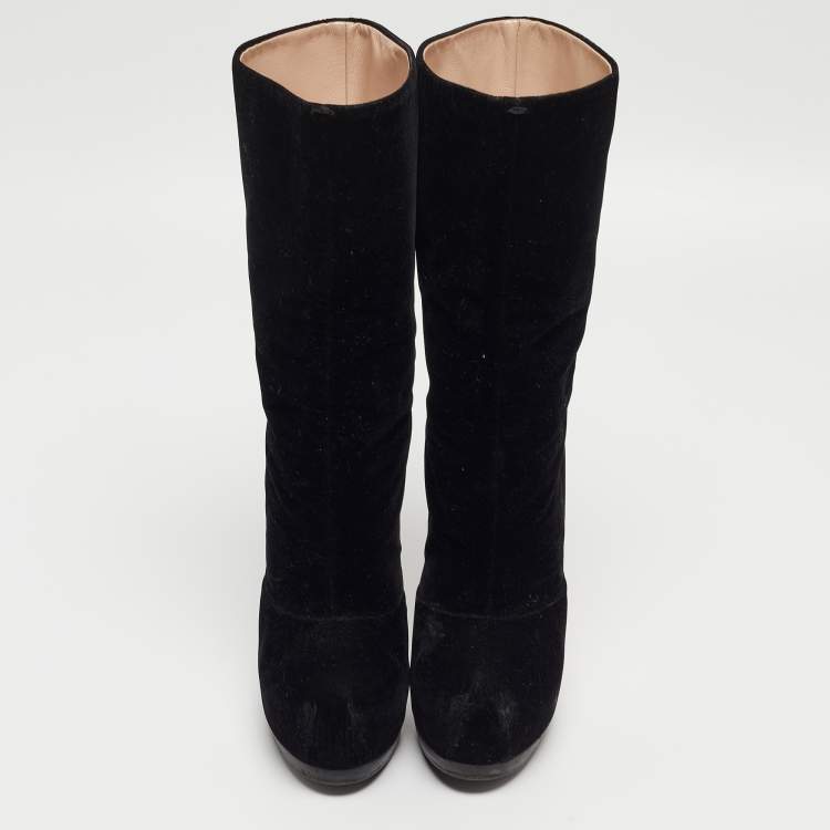 Pre Owned Yves Saint Laurent Black Velvet Ankle Boots Size 36