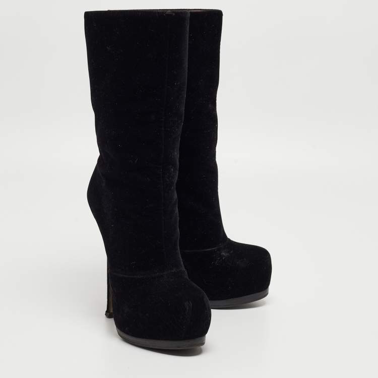 Pre Owned Yves Saint Laurent Black Velvet Ankle Boots Size 36
