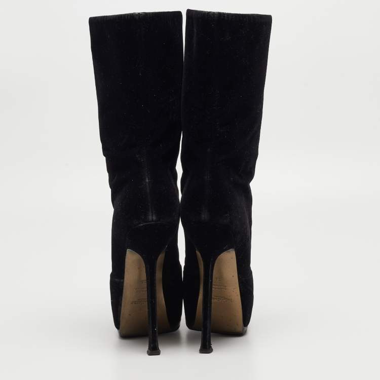Pre Owned Yves Saint Laurent Black Velvet Ankle Boots Size 36