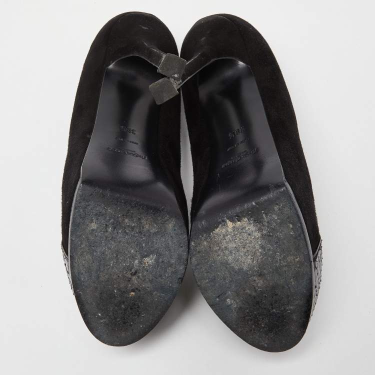 Pre Owned Yves Saint Laurent Black Suede and Snakeskin Cap Toe Tribtoo Platform Pumps Size 38.5