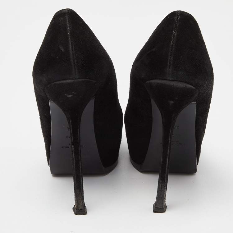 Pre Owned Yves Saint Laurent Black Suede and Snakeskin Cap Toe Tribtoo Platform Pumps Size 38.5