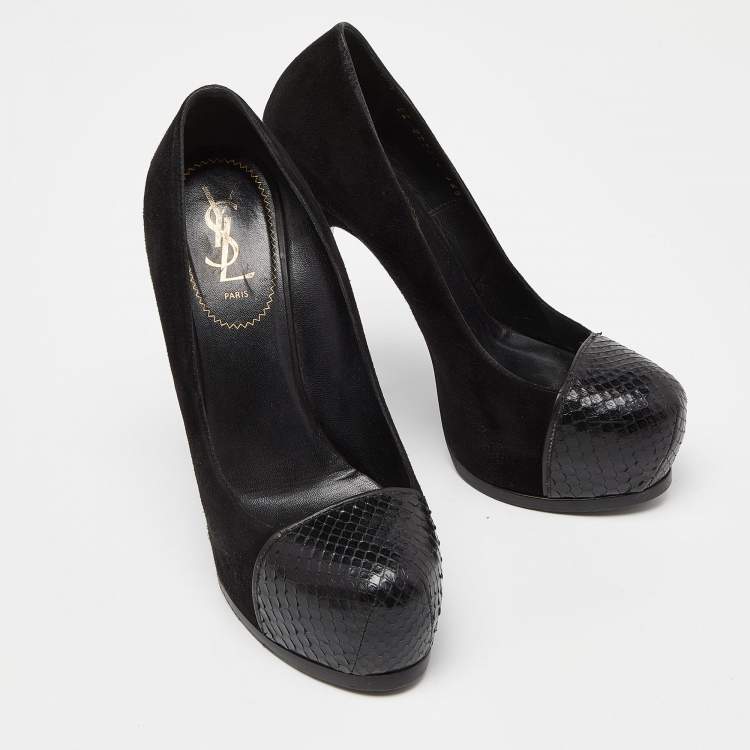 Pre Owned Yves Saint Laurent Black Suede and Snakeskin Cap Toe Tribtoo Platform Pumps Size 38.5