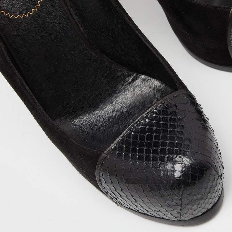 Pre Owned Yves Saint Laurent Black Suede and Snakeskin Cap Toe Tribtoo Platform Pumps Size 38.5