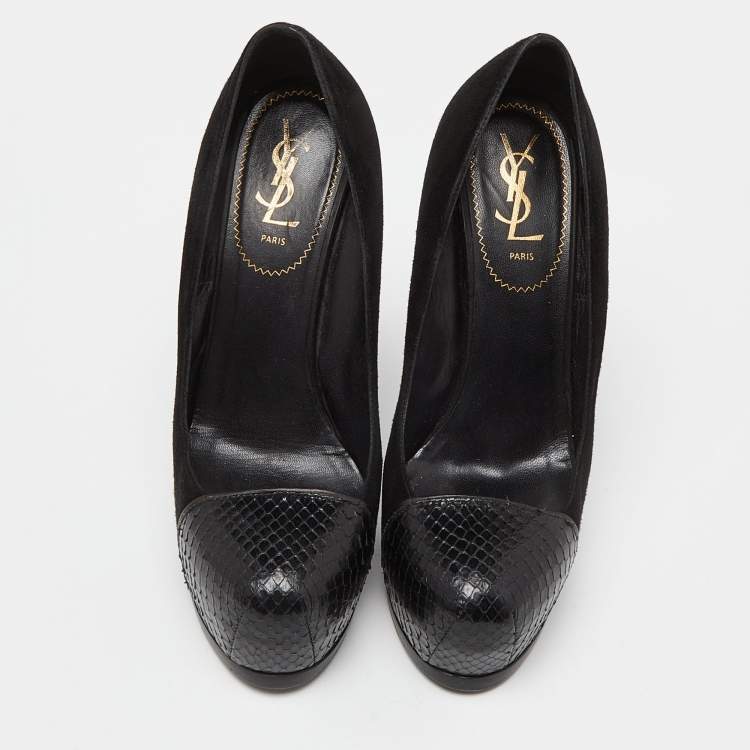 Pre Owned Yves Saint Laurent Black Suede and Snakeskin Cap Toe Tribtoo Platform Pumps Size 38.5
