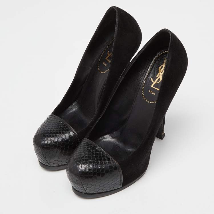 Pre Owned Yves Saint Laurent Black Suede and Snakeskin Cap Toe Tribtoo Platform Pumps Size 38.5