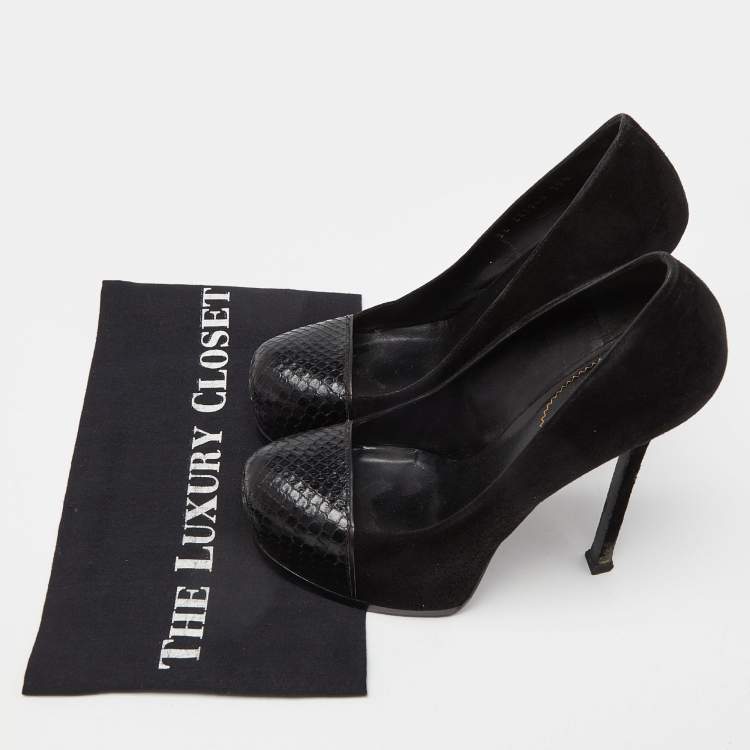 Pre Owned Yves Saint Laurent Black Suede and Snakeskin Cap Toe Tribtoo Platform Pumps Size 38.5