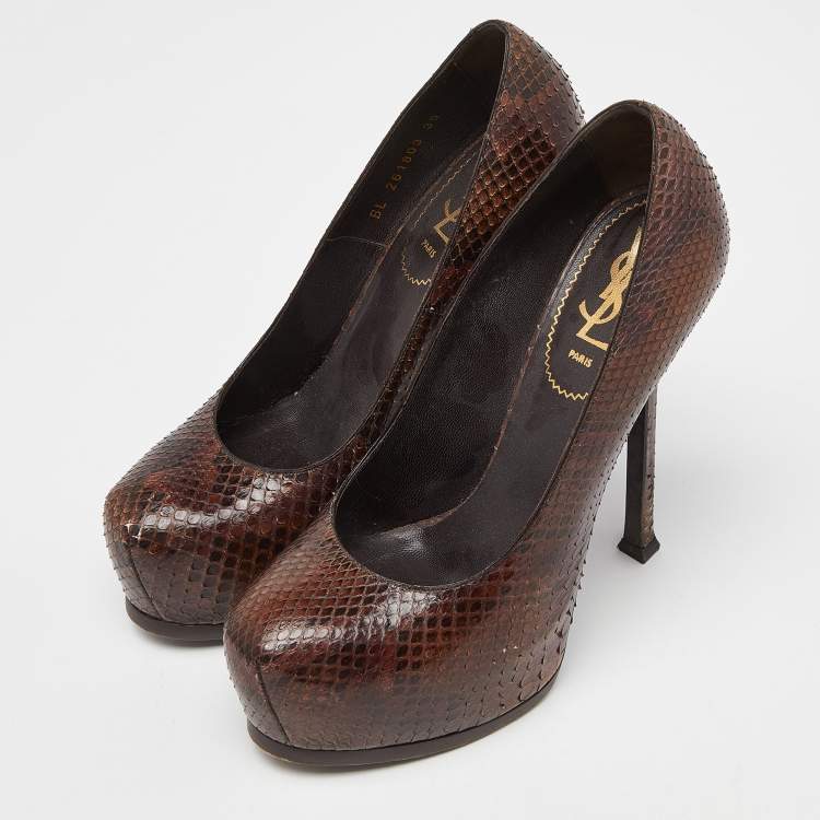 Pre Owned Yves Saint Laurent Brown Python Cap Toe Tribtoo Platform Pumps Size 39