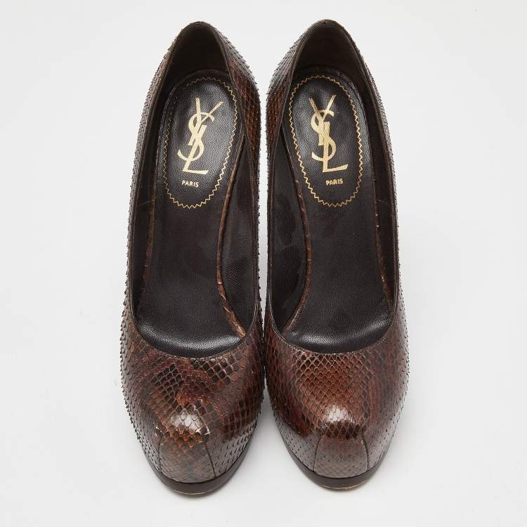 Pre Owned Yves Saint Laurent Brown Python Cap Toe Tribtoo Platform Pumps Size 39