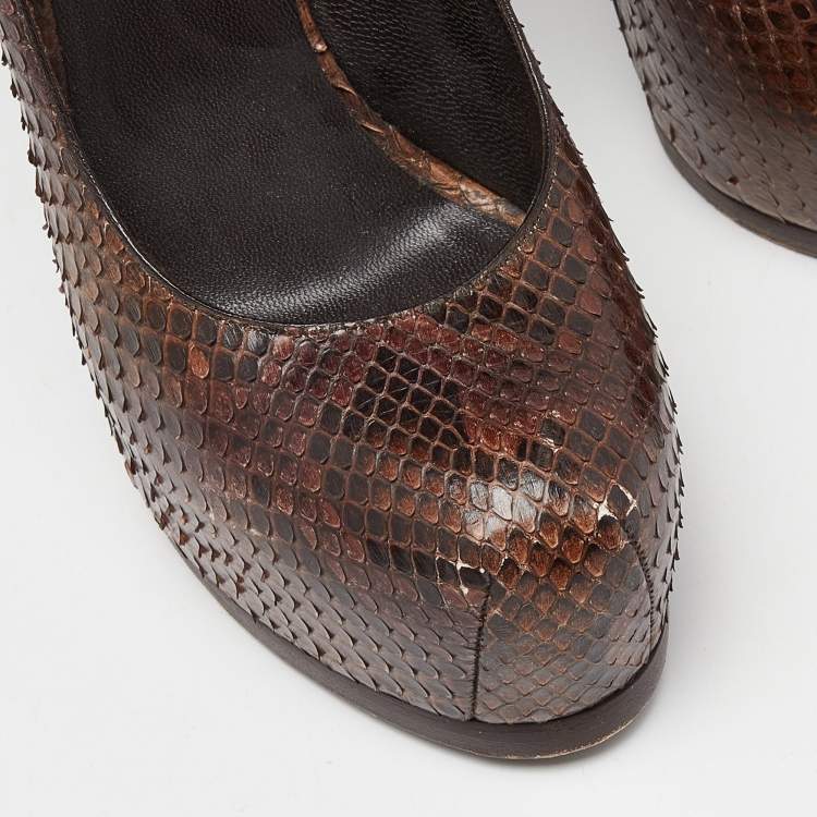 Pre Owned Yves Saint Laurent Brown Python Cap Toe Tribtoo Platform Pumps Size 39