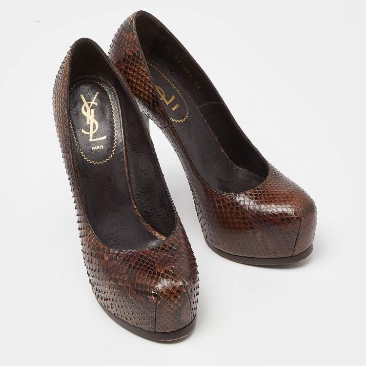 Pre Owned Yves Saint Laurent Brown Python Cap Toe Tribtoo Platform Pumps Size 39