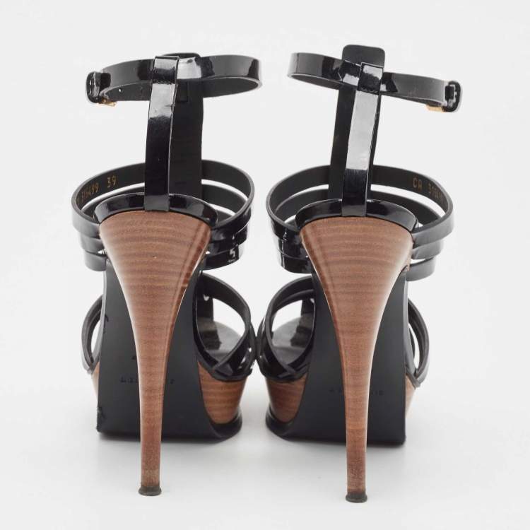 Pre Owned Yves Saint Laurent Black Patent Tribute Ankle Strap Sandals Size 39