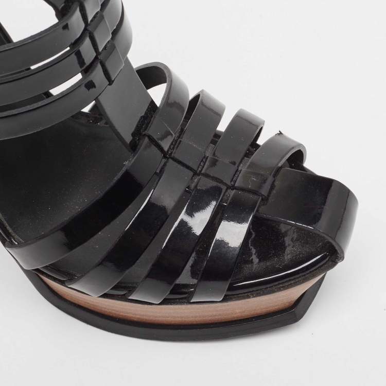Pre Owned Yves Saint Laurent Black Patent Tribute Ankle Strap Sandals Size 39