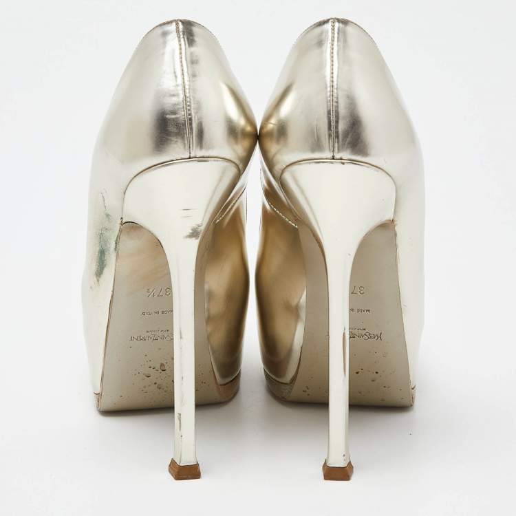 Pre Owned Yves Saint Laurent Light Gold Leather Tribtoo Platform Pumps Size 37.5