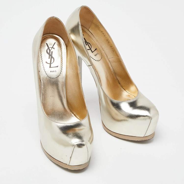 Pre Owned Yves Saint Laurent Light Gold Leather Tribtoo Platform Pumps Size 37.5