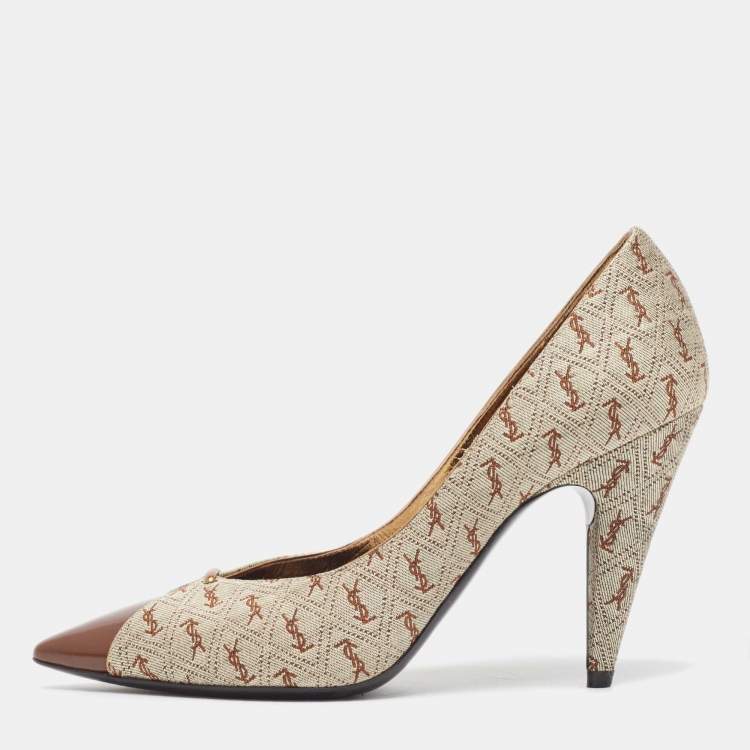 Pre Owned Yves Saint Laurent Brown/Grey Canvas and Leather Pointed Toe Pumps Size 36