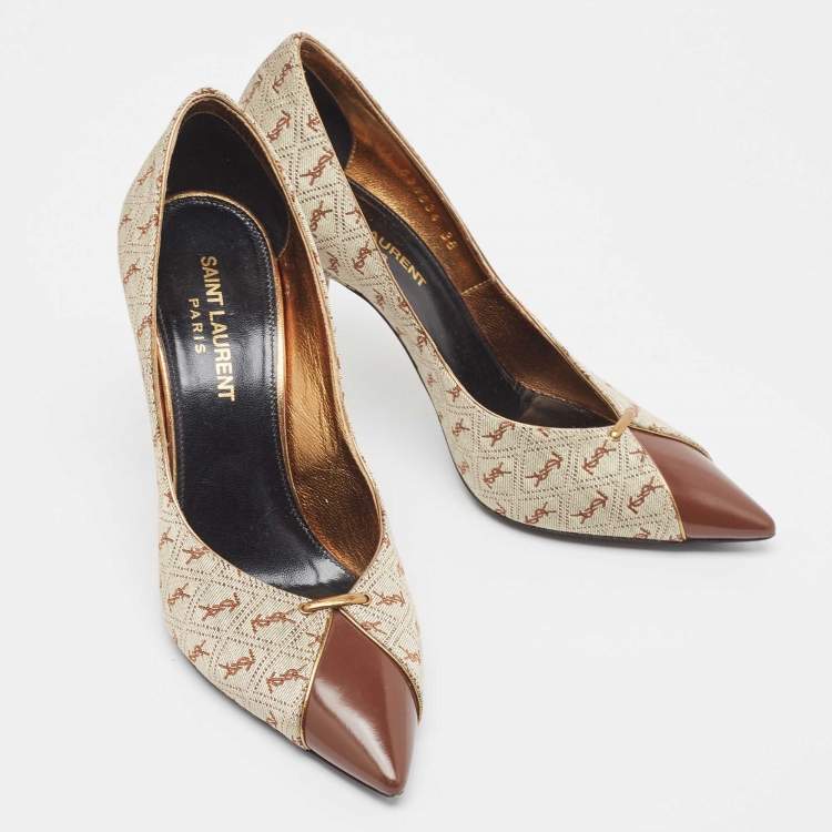 Pre Owned Yves Saint Laurent Brown/Grey Canvas and Leather Pointed Toe Pumps Size 36