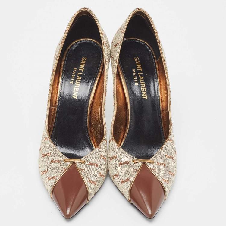 Pre Owned Yves Saint Laurent Brown/Grey Canvas and Leather Pointed Toe Pumps Size 36