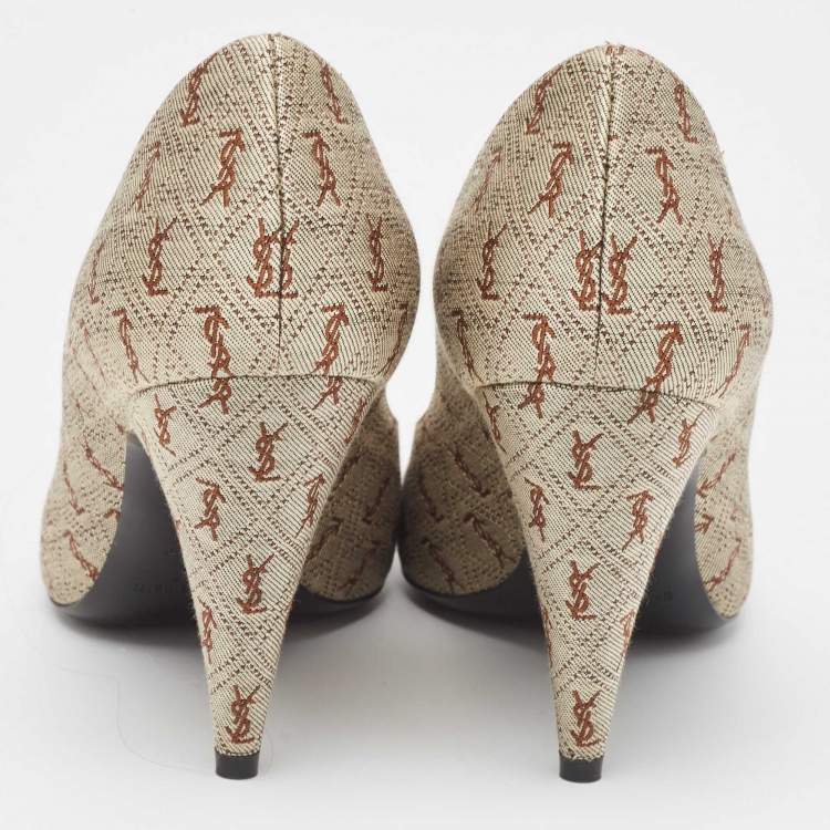 Pre Owned Yves Saint Laurent Brown/Grey Canvas and Leather Pointed Toe Pumps Size 36