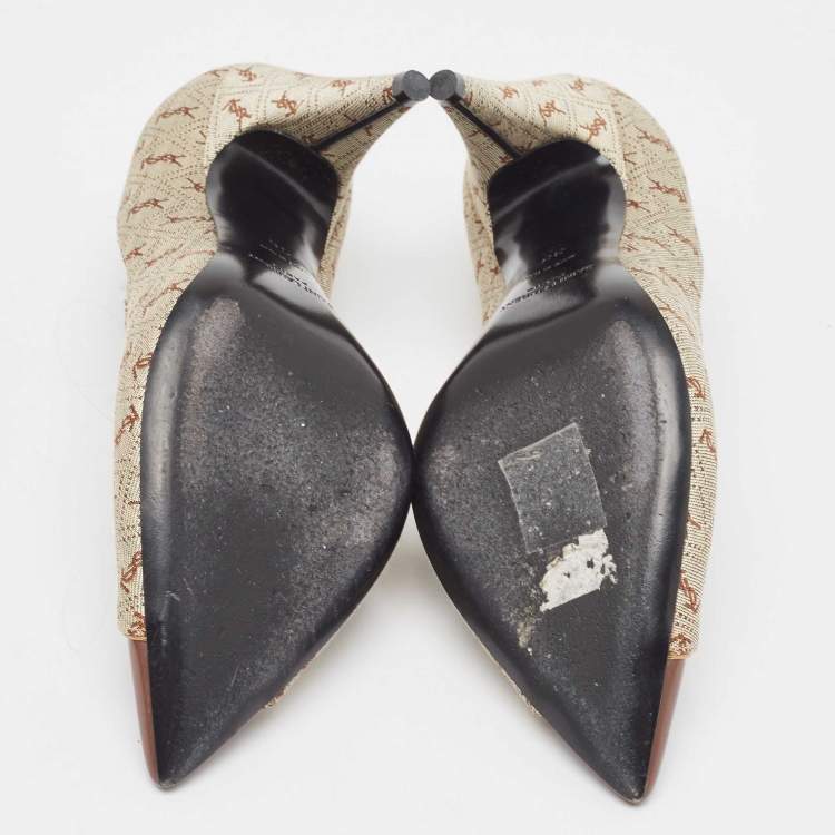 Pre Owned Yves Saint Laurent Brown/Grey Canvas and Leather Pointed Toe Pumps Size 36