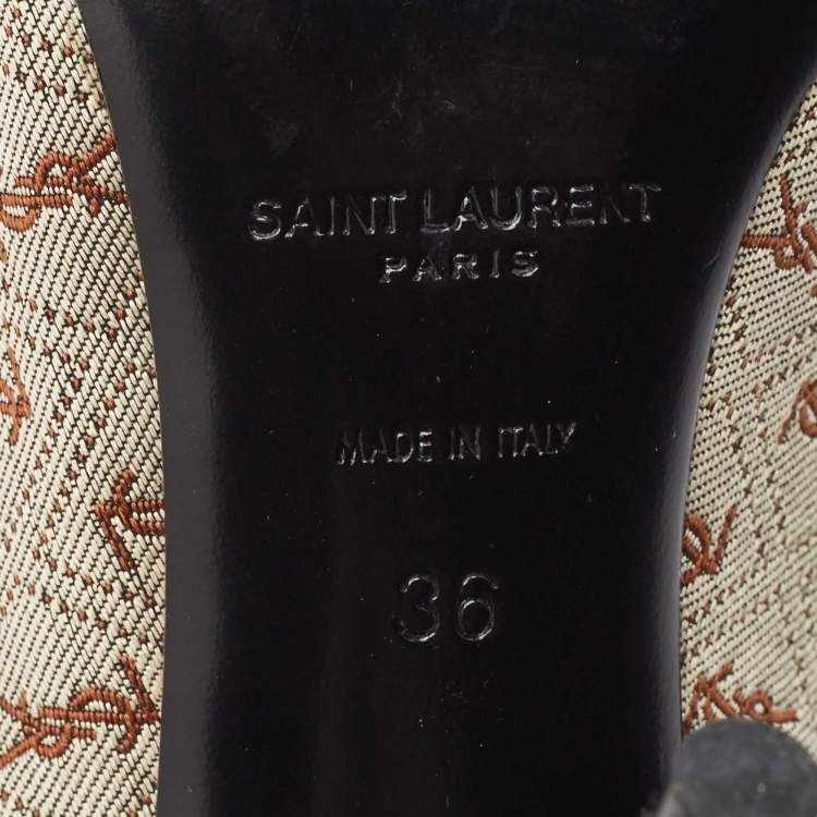 Pre Owned Yves Saint Laurent Brown/Grey Canvas and Leather Pointed Toe Pumps Size 36