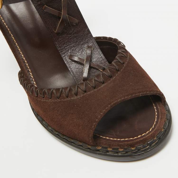 Pre Owned Yves Saint Laurent Dark Brown Suede and Leather Whipstitch T Strap Sandals Size 40