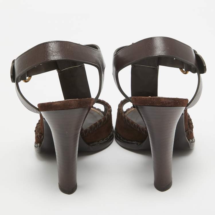 Pre Owned Yves Saint Laurent Dark Brown Suede and Leather Whipstitch T Strap Sandals Size 40