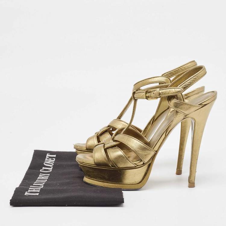 Pre Owned Yves Saint Laurent Metallic Leather Tribute Sandals Size 37