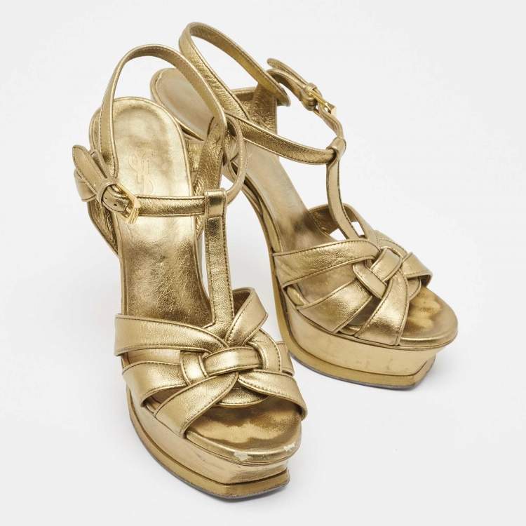 Pre Owned Yves Saint Laurent Metallic Leather Tribute Sandals Size 37