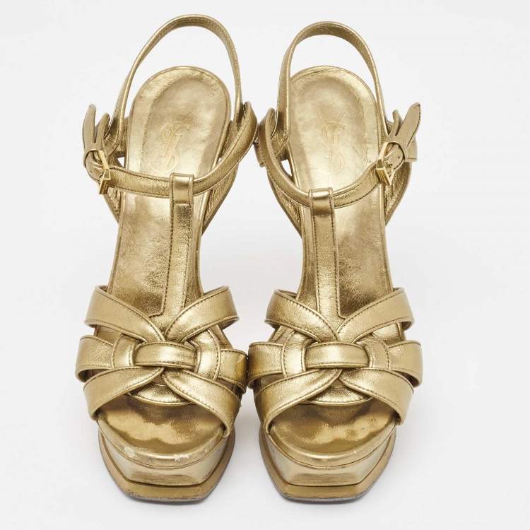 Pre Owned Yves Saint Laurent Metallic Leather Tribute Sandals Size 37