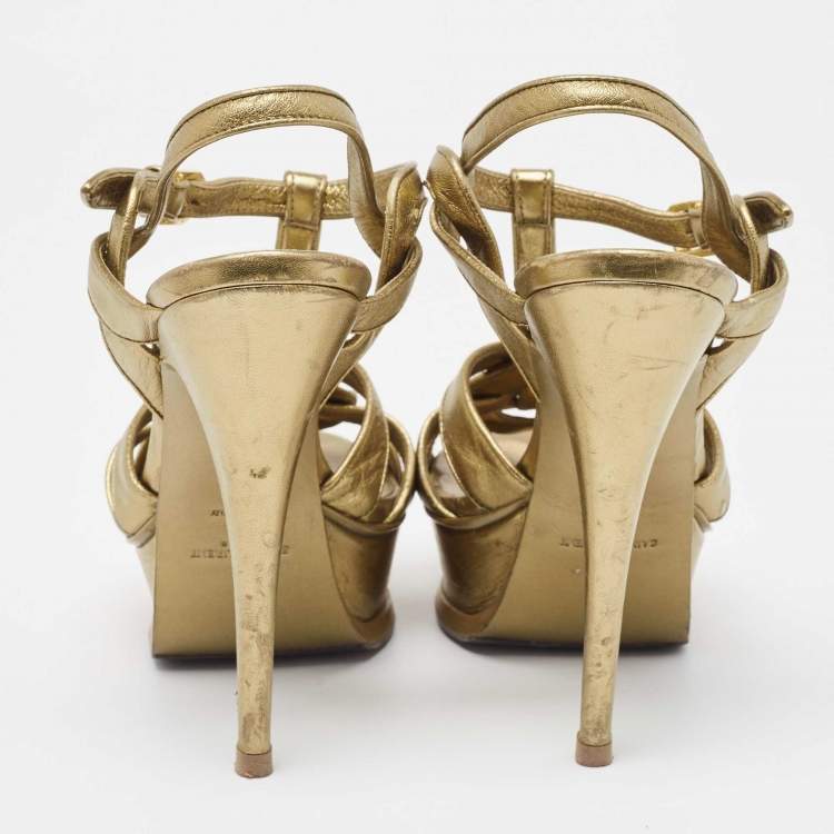 Pre Owned Yves Saint Laurent Metallic Leather Tribute Sandals Size 37