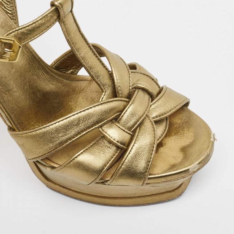 Pre Owned Yves Saint Laurent Metallic Leather Tribute Sandals Size 37