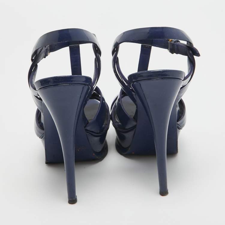 Pre Owned Yves Saint Laurent  Blue Patent Tribute Ankle Strap Sandals Size 36