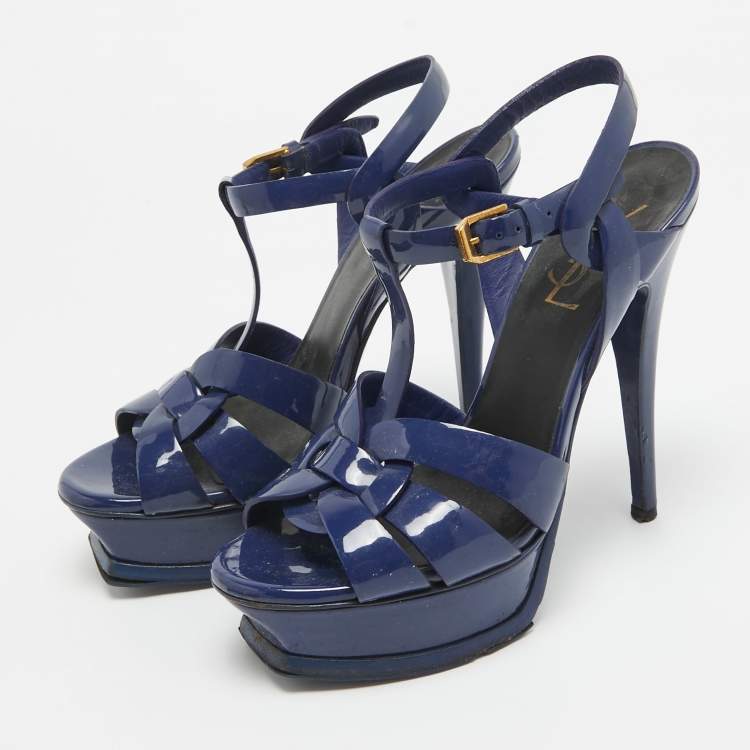 Pre Owned Yves Saint Laurent  Blue Patent Tribute Ankle Strap Sandals Size 36